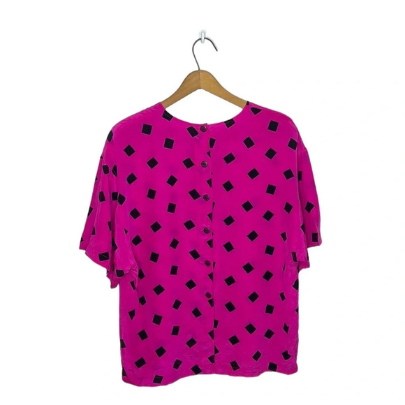 Vintage 1980s 100% Silk Eleanor Brenner Geometric Pattern Button Back Blouse - Picture 6 of 9